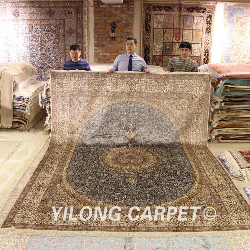 YILONG 9 'x 12' Классический шелковый коврик в персидском стиле синий Медальон