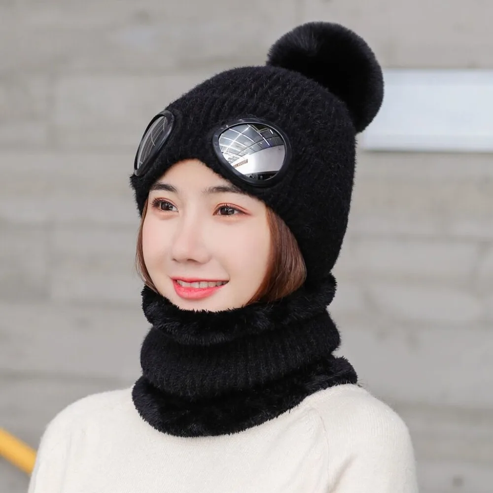 RUHAO зимняя вязаная шапка теплая шапочки Skullies Лыжная Шапка со Съемные очки для женщин и мужчин Кепка для занятий спортом на открытом воздухе