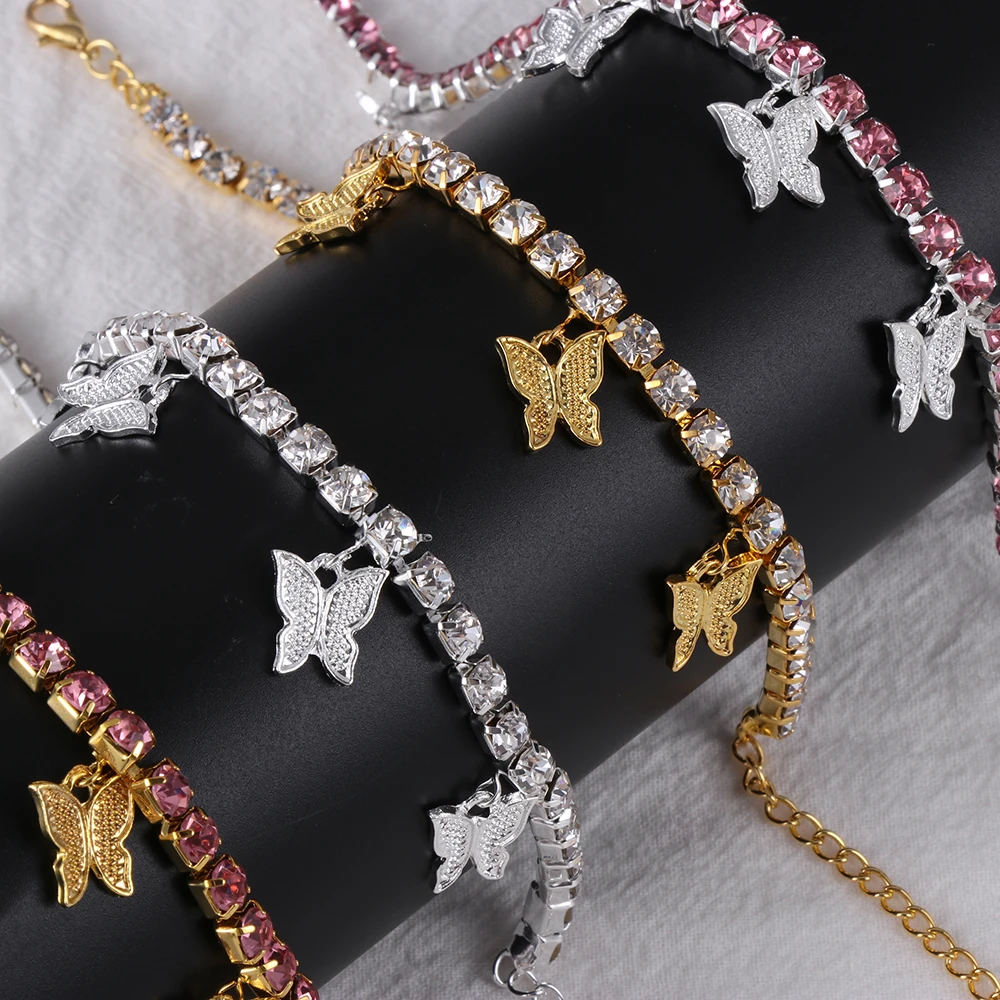 Новые блестящие кубинские звенья браслет с бабочкой Золотые кристаллы подвески