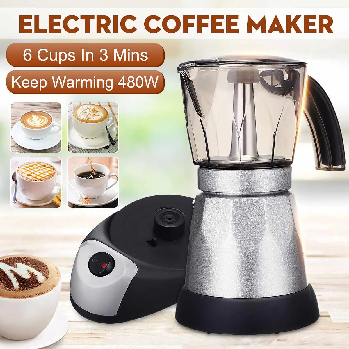 

Electric Coffee Maker 6 Cups 50ml 480W Portable Stainless Steel Espresso Italian Moka Coffee Pot For Home Kitchen Coffee Making