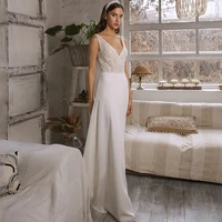 sexy v neck wedding dresses 2022 boho sweep train backless a line lace appliques chiffon beach bridal gowns custom made