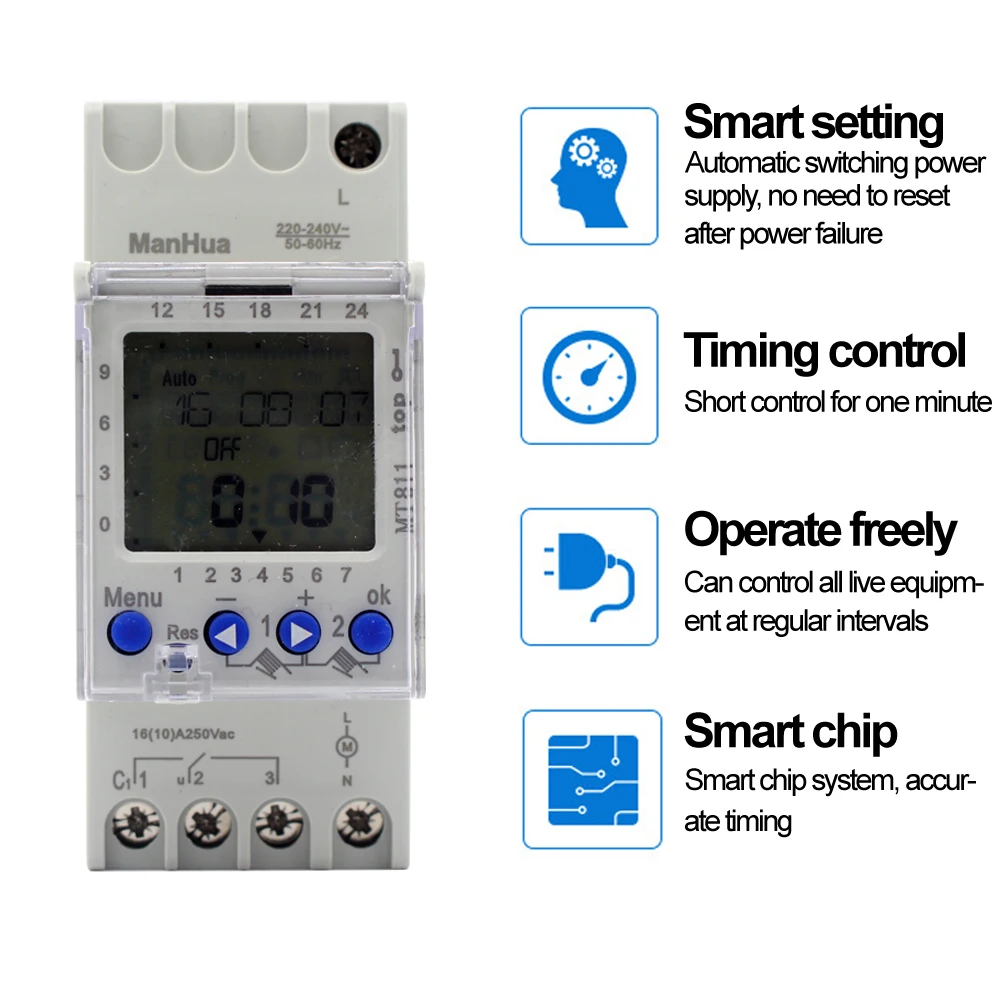Manhua MT811 250V 16A lcd din-рейка 24 часа в неделю Регулируемый механический таймер