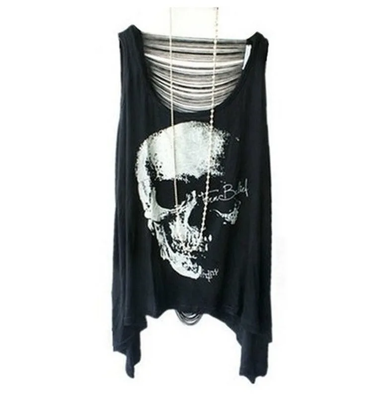 

Skull Print Sleeveless Dress Top Tee T-Shirt Vest UK Gothic Punk Black Goth