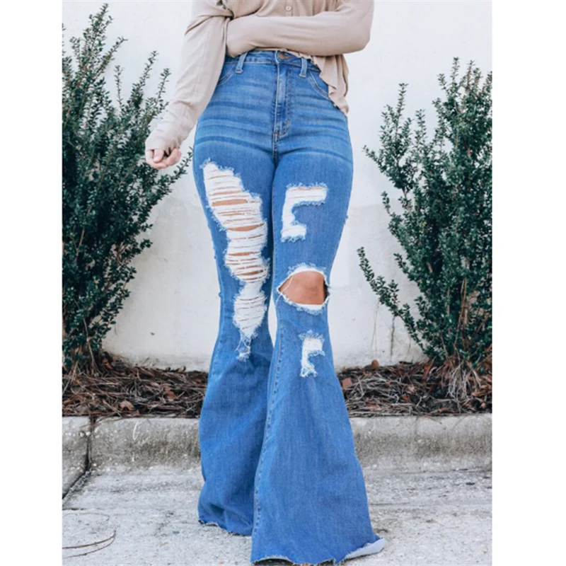 

2021 Women's Jeans Temperament Commute Blue Washed High Waist Ripped Flared Pants Hole Sexy Vintage Solid Denim Trousers Casual