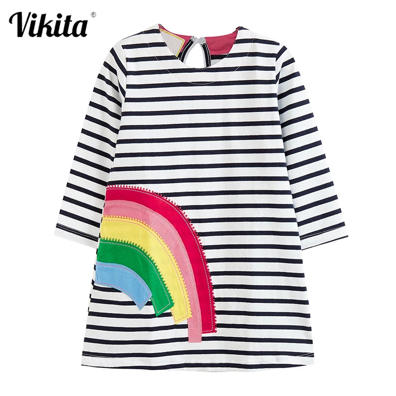 

VIKITA/Хлопковое платье для девочек; Детское платье принцессы с радужной аппликацией; Детские платья в полоску для девочек; Детская осенняя од...