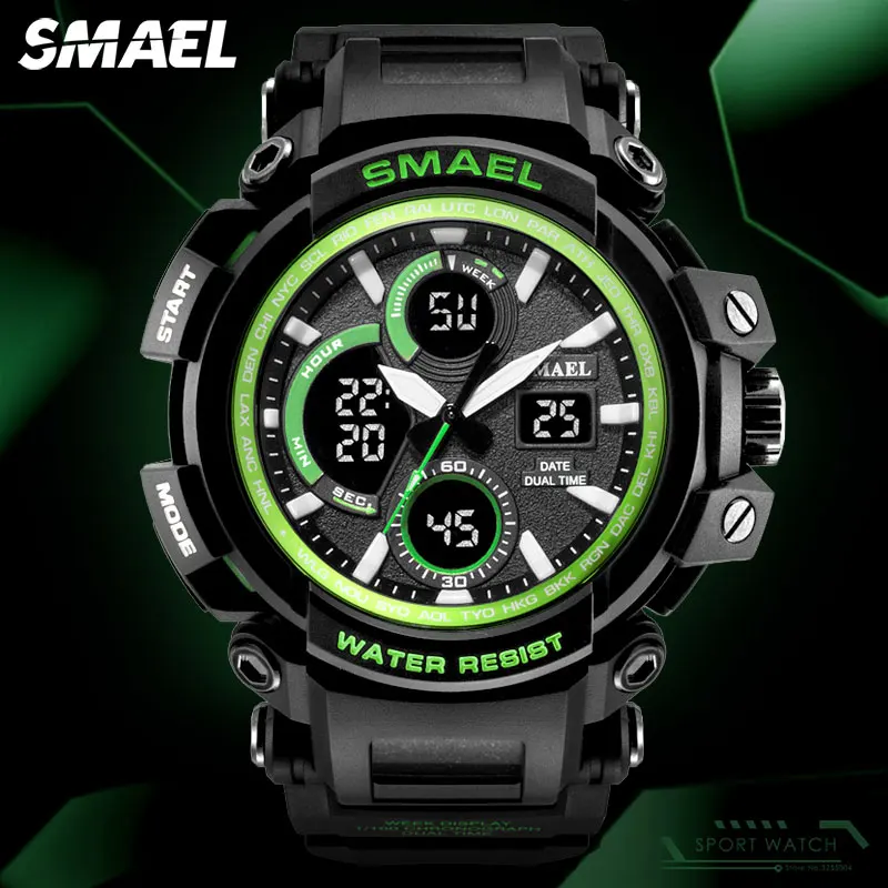 

Часы SMAEL мужские электронные с хронографом, Цифровые кварцевые спортивные наручные, с двойным временем и автоматической датой