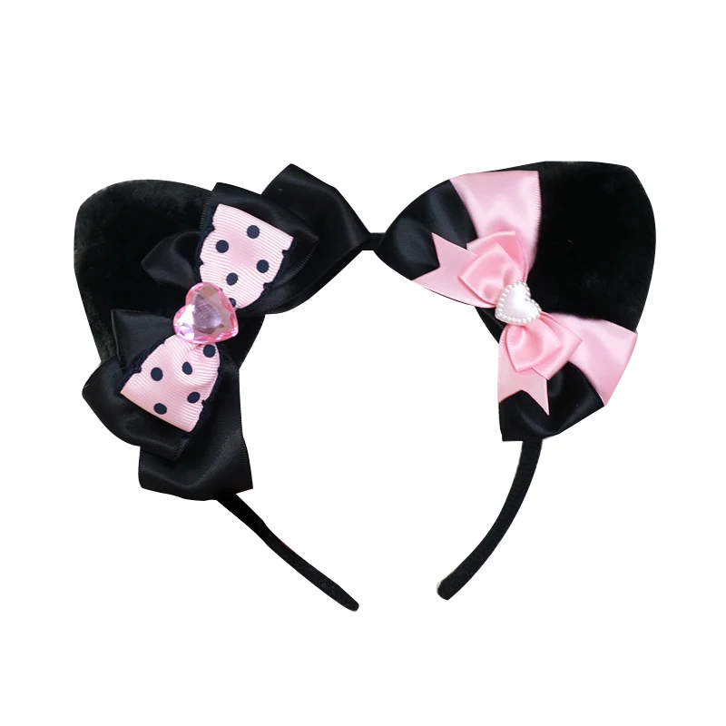 

Original Handmade Design Black Pink Lo Mother Rabbit Ear Headband Cat Ear Headband Lolita Sweet Ear Headdress