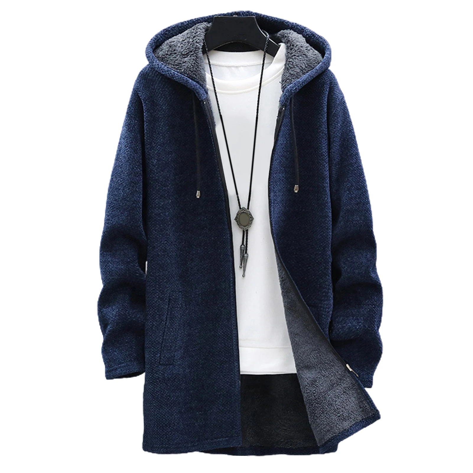 

Men's Fashion Long Sleeve Hooded Fleece Coat Fashion Zipper Warm Sweater Jacket Knitted Cardigan Male Coats Autumn Winter 2021