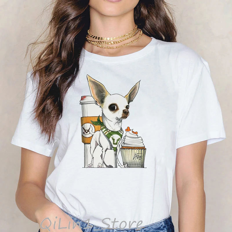 

funny t shirt women vogue Chihuahua eat ice cream animal printed t-shirt camiseta mujer kawaii clothes white tshirt femme tops
