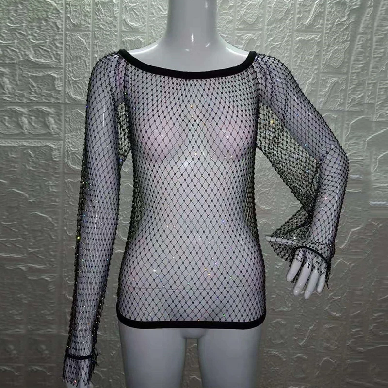 Блестящие Футболки Стразы в сеточку черные сетчатые прозрачные с длинным