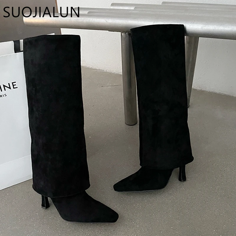 

SUOJIALUN 2021 Winter New Brand Women Long Boots High Quality Pointed Slip-On Knee-High Boots Thin High Heel Knight Boots