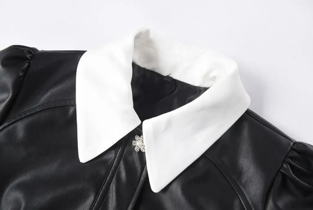 

Fashion diamonds buttons turn-down collar Puff sleeve black PU leather short jackets women s768