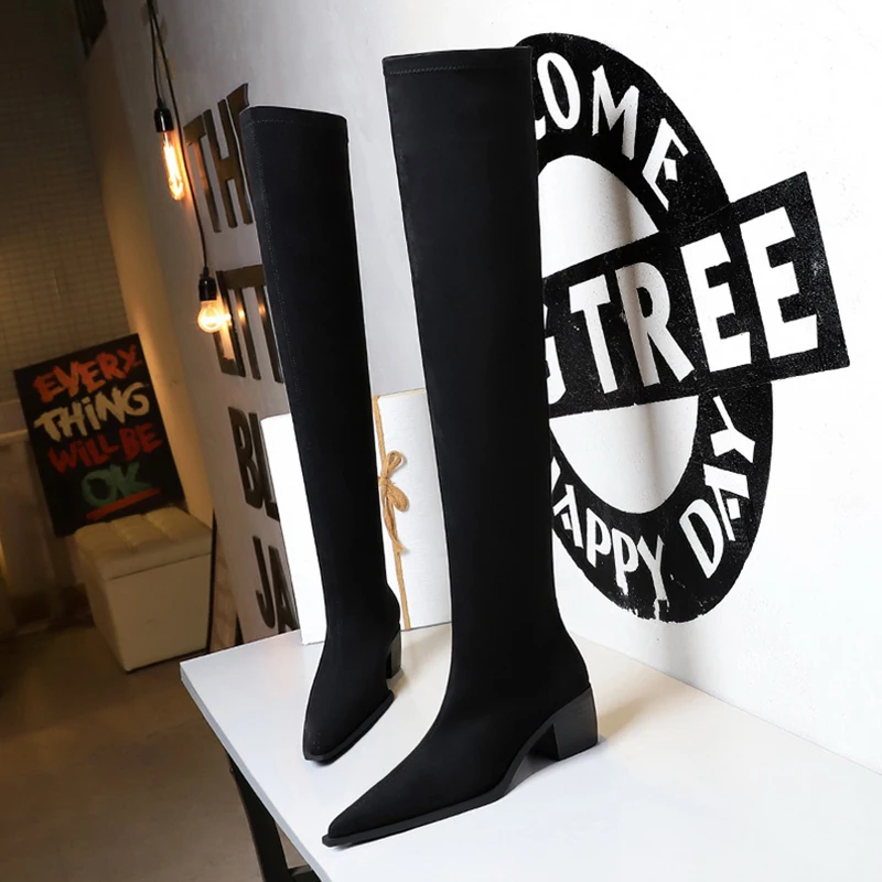 

2021 Winter Elegant Women Elastic Suede Long Sock Boots 5.5cm Block High Heels Streth Fabric Thigh High Boots Over The Knee Boot