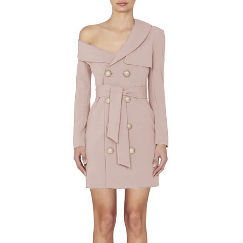 

Black Long Sleeve Fashion Blazer Women Design Sexy Party Office Asymmetrical Collar Double Breasted Belt Dress