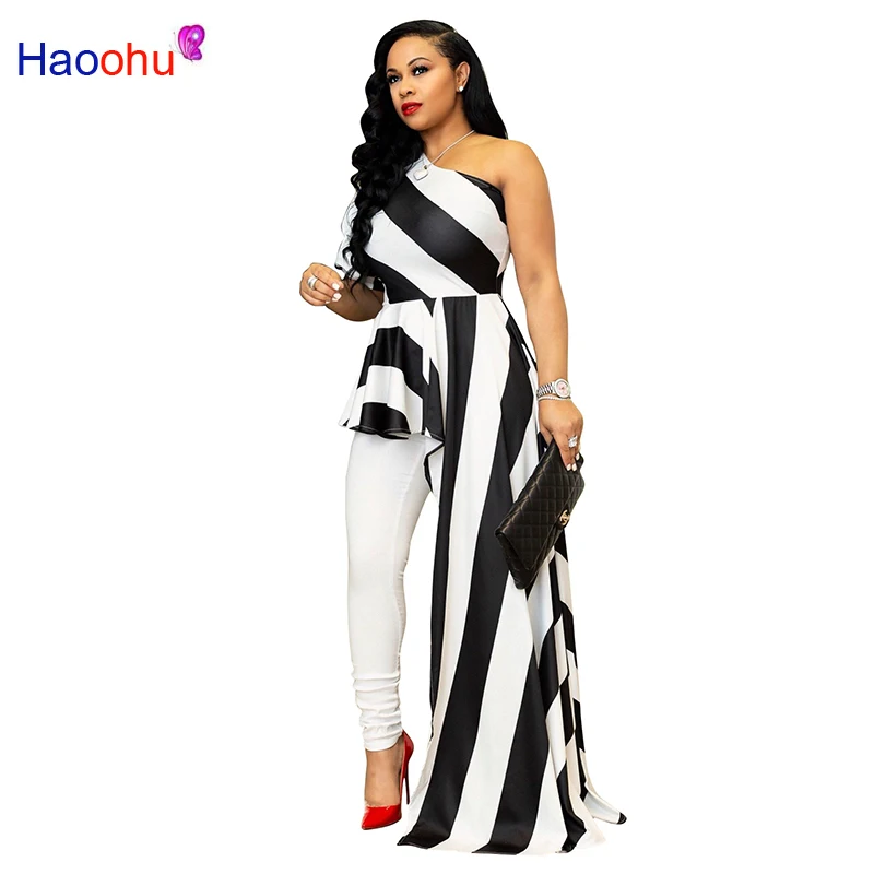 Женское асимметричное платье футболка HAOOHU Полосатое на одно плечо с рукавом до