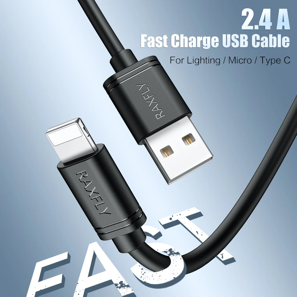 RAXFLY ПВХ USB кабель для iPhone X XS 8 Plus iPad 2.4A Быстрая зарядка Micro usb type C samsung Xiaomi телефон
