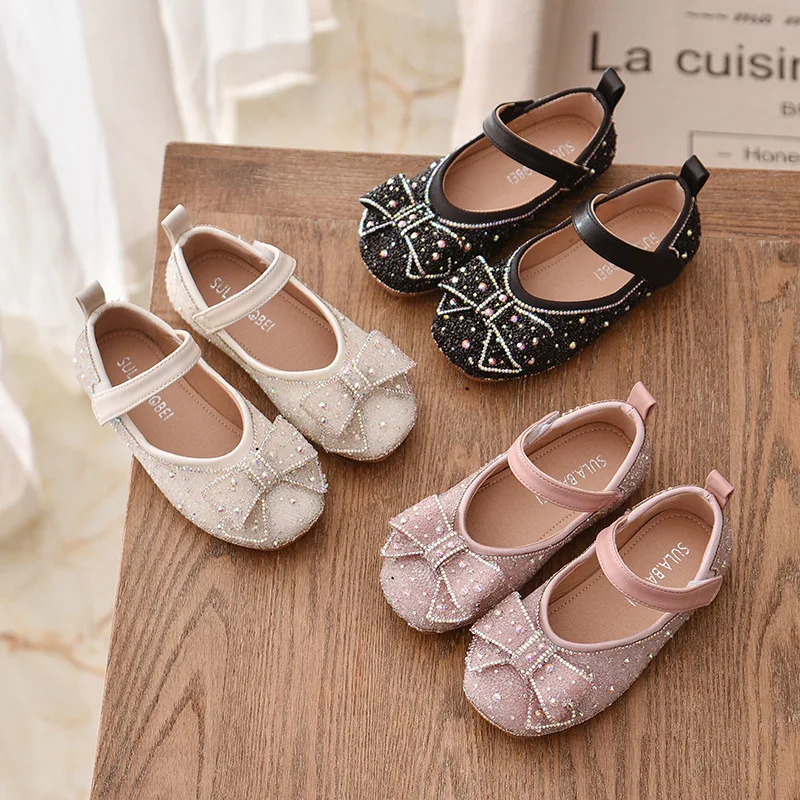 Обувь со стразами для девочек Детские модельные туфли на плоской подошве