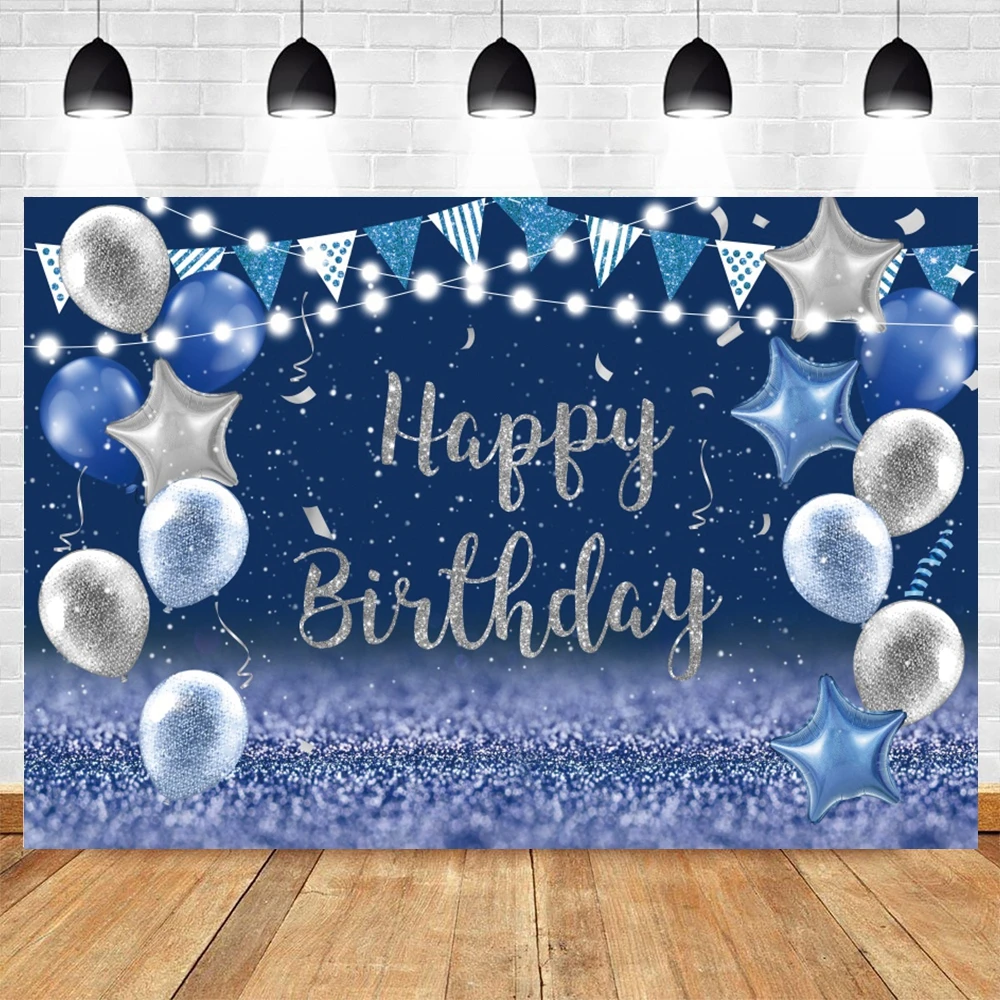 

Aldult Happy Birthday Party Baby Shower Photography Background Decor Silver Balloon Blue Glitter Photocall Backdrop Studio Shoot