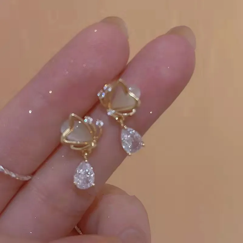 Fashion Crystal Natural Opal Earrings for Women Zircon Drop Shaped Stud Earrings Love Heart Drop Earring Wedding Charms Jewelry