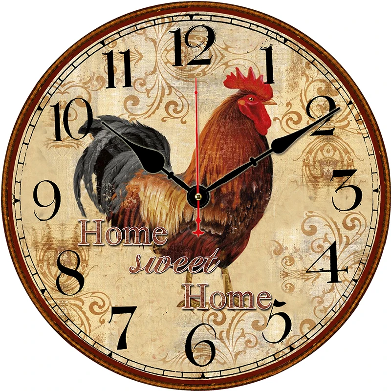 Home Hanging Watches Big Arab Numerals Cock Rooster Art Decorative Round Wooden Wall Clock Saat Battery Operated 12 Inch Watches