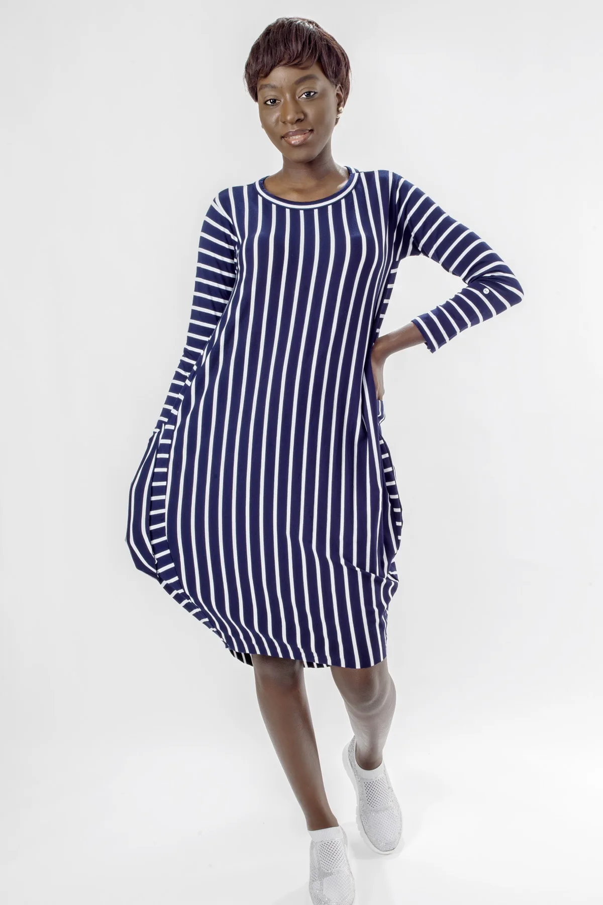 Женское платье Vsikon темно синее в полоску с длинными рукавами юбка открытыми