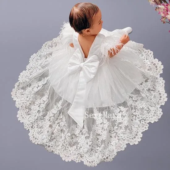 New White Lace Baby Girl First Birthday Dress High Low Backless Flower Girl Dress Kids Clothes PhotoShoot with Big Bow