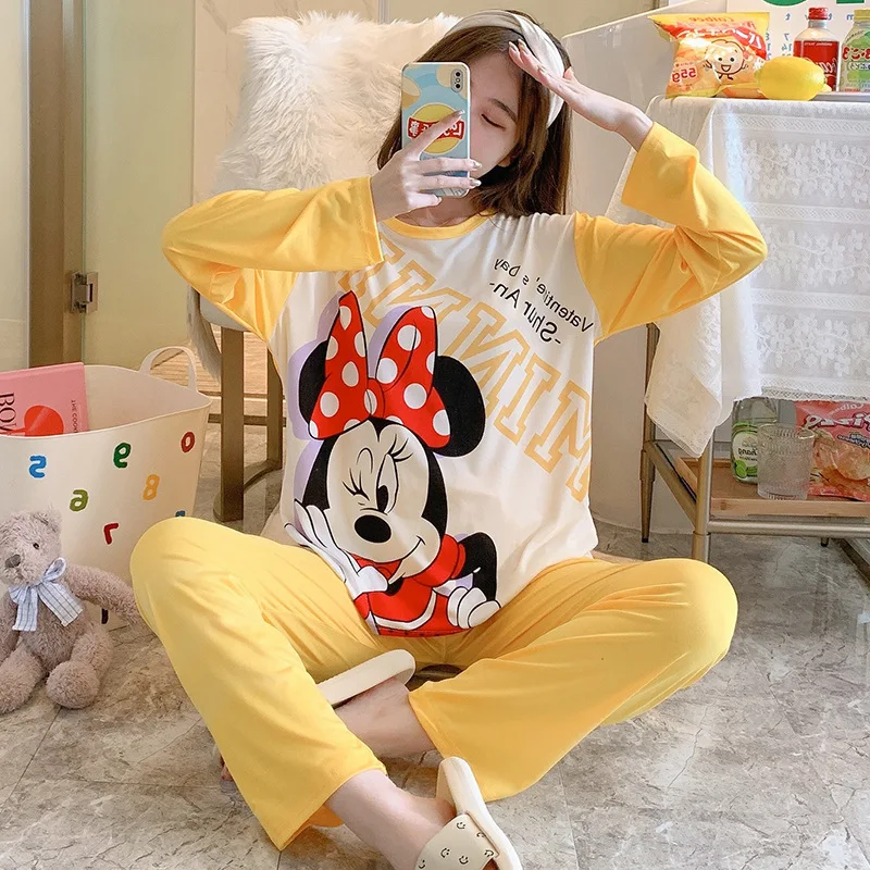 

Disney Mickey Minnie Duck Stitch Cartoon Woman Autumn Long-sleeved Trousers Pajamas Girl Cartoon Daisy Casual Home Service Set