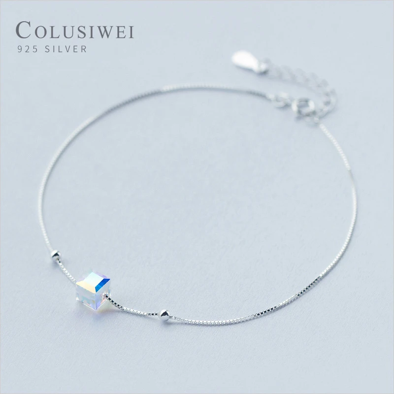

Colusiwei Genuine 925 Sterling Silver Crystal Cube Silver Anklet for Women Charm Bracelet of Leg Ankle Foot Accessories Fashion