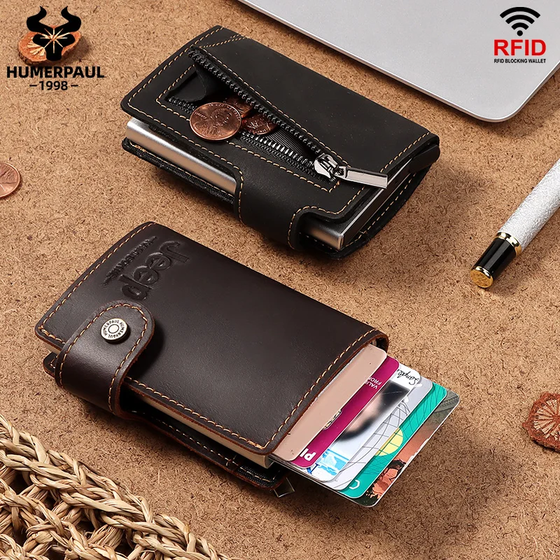 

HUMERPAUL Credit Card Holder Wallet Men Metal RFID Vintage Aluminium Crazy Horse Leather Bank Cardholder Case With Coin Purse
