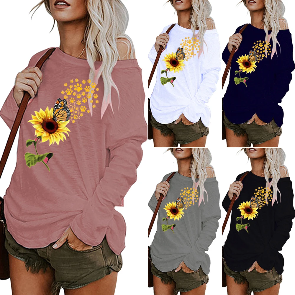 

Female t Shirt Floral Printed Oversized T-shirt Long Sleeve Printed Pullovers Cotton Blend Autumn Tee Top Woman Clothes
