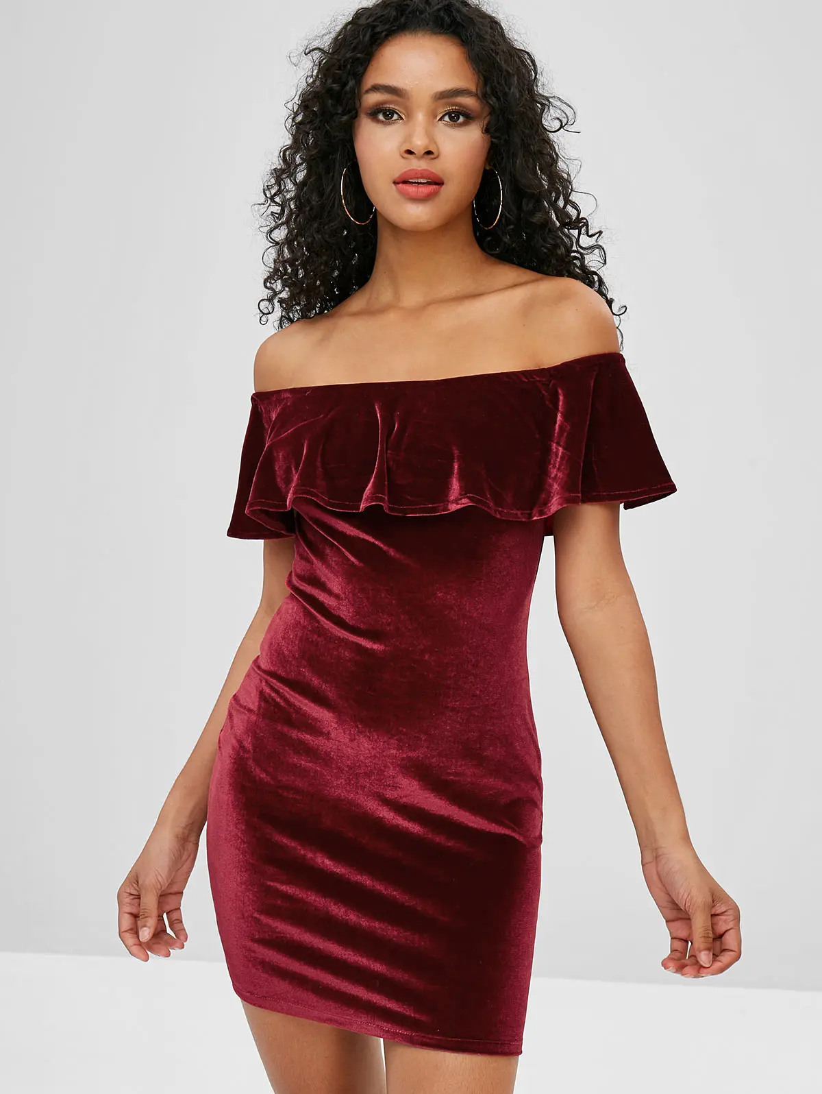 \ &quotZAFUL бархат Волан с открытыми плечами платье для Для женщин однотонные Цвет