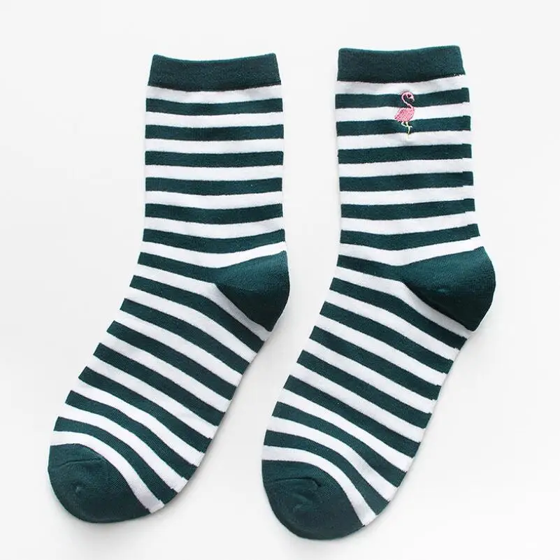 Woman Flamingo Embroidered Ankle Socks Students Soild Cotton Socks Crew Sock Girls Embroidery Cotton Striped Ankle Socks 5 Pair