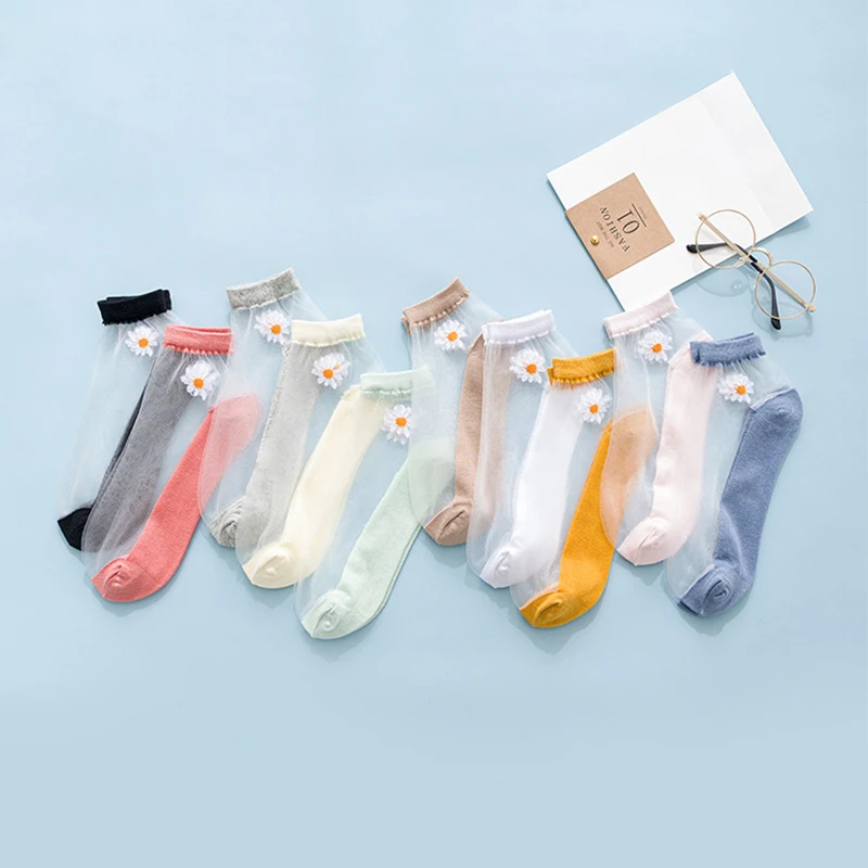 

Summer Daisy Ankle Short Socks For Women Girls Thin Fashion Elastic Cotton Transparent Socks Funny Cute Fashion Sock