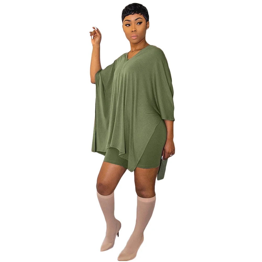 

Nightclub sexy V-neck bat sleeve solid color two-piece suit