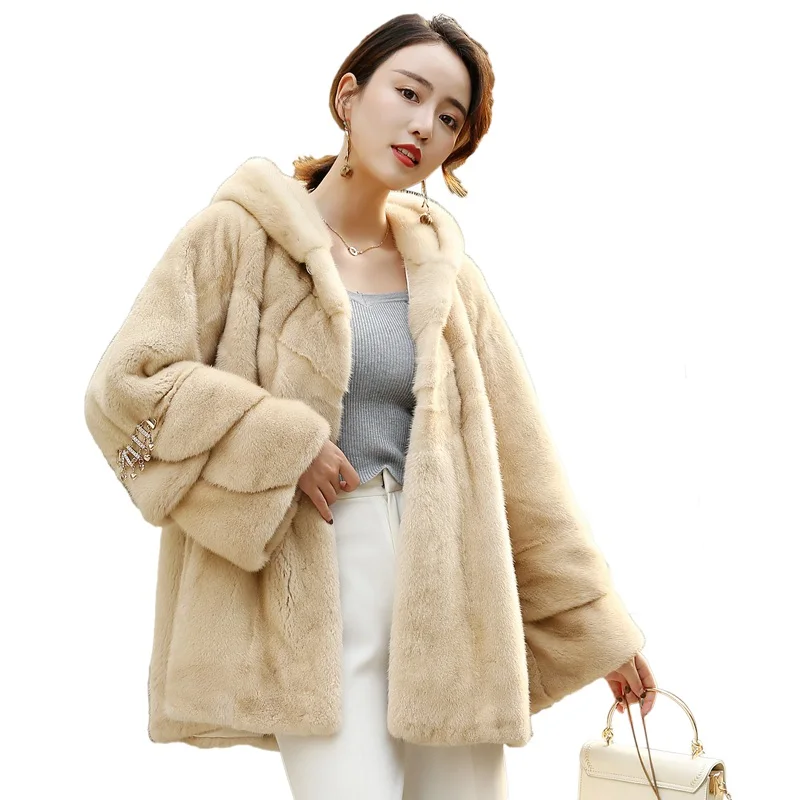 

European Genuine Wholeskin Mink Fur Coat With Hoody Winter Women Outerwear LF2216