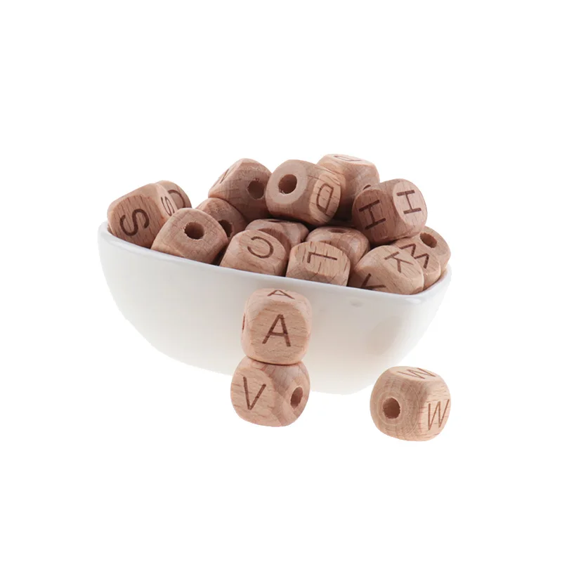 Cuentas de madera de haya para ni&ntilde;os, abalorios de 12MM con letras para morder, manualidades, juguetes de dentici&oacute;n, alfabeto, 200 piezas-3
