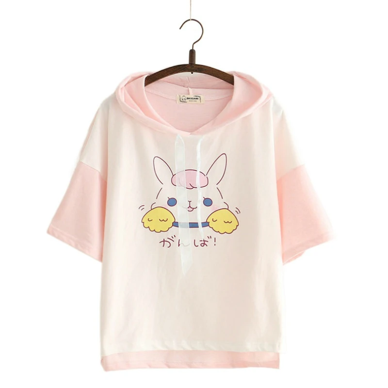 

Merry Pretty women hooded sweatshirts sweet rabbit print short sleeve cotton hoodies pink patchwork kawaii pullovers tops girls