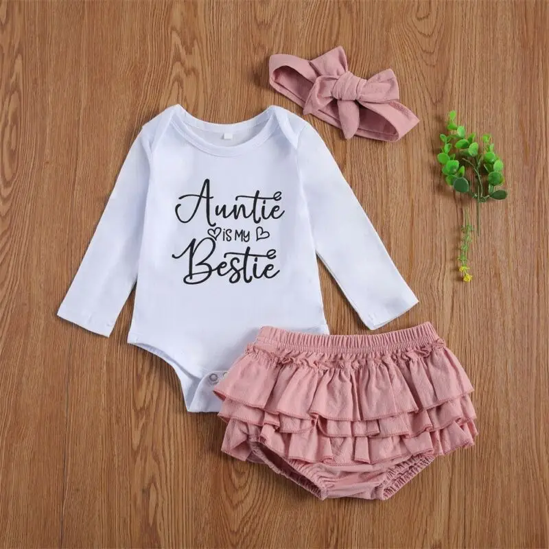 

Newborn Baby Girl Clothes Set Long Sleeve Romper Bodysuit Ruffle Shorts Headband