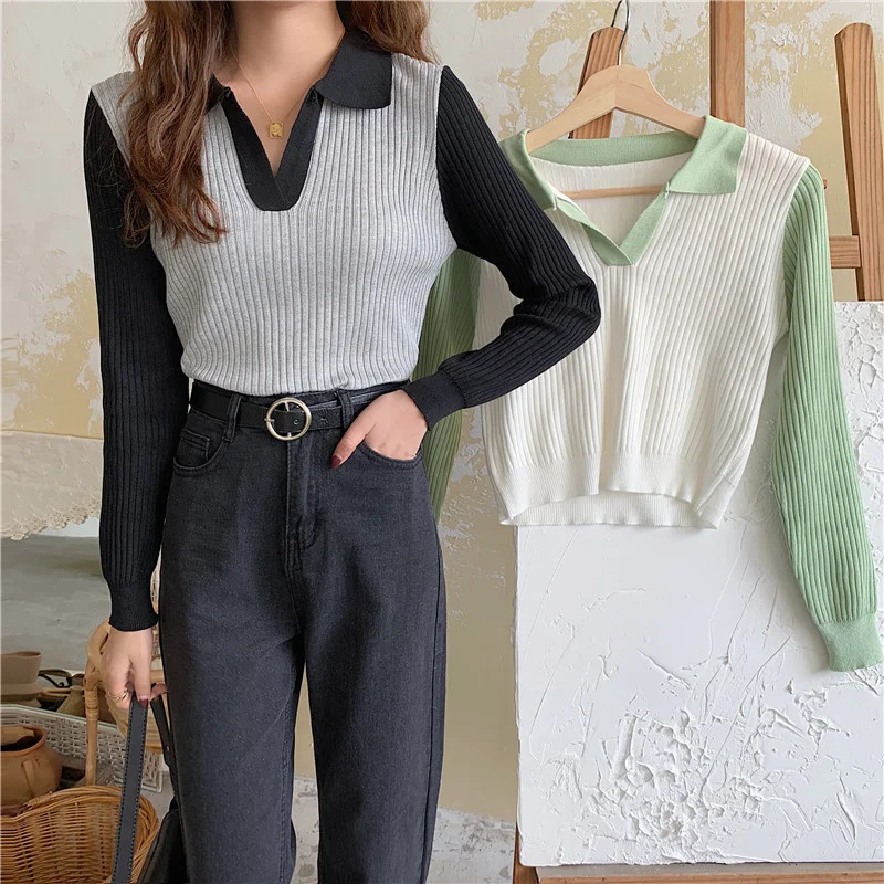 

Женский трикотажный свитер с V-образным вырезом и длинным рукавом