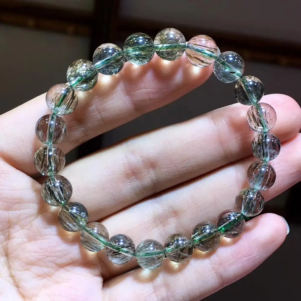 8 5 мм натуральный зеленый турмилат кварц рутилат волосы круглые бусины браслет
