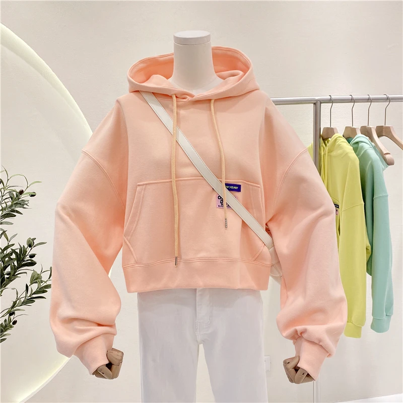

Spring 2021 Hooded Sweatshirt New Cotton Solid Printed All-Matching Loose Slimming Long Sleeve Crop Hoodie Women's Short Coat