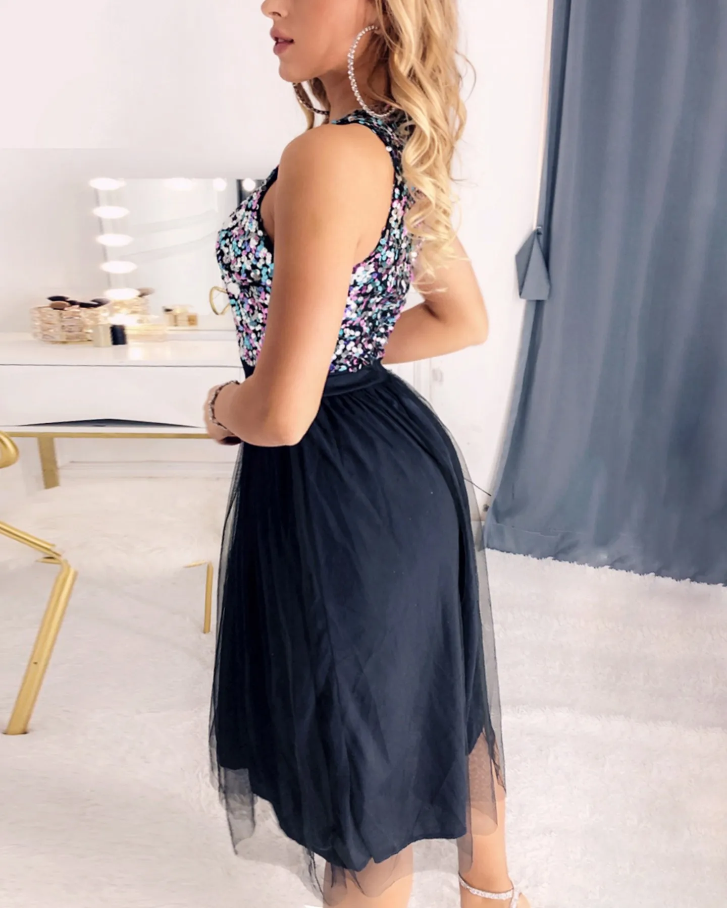 

Women Sexy Sleeveless Sequins Colorblock Mesh Insert Ruffles Ruched Dress