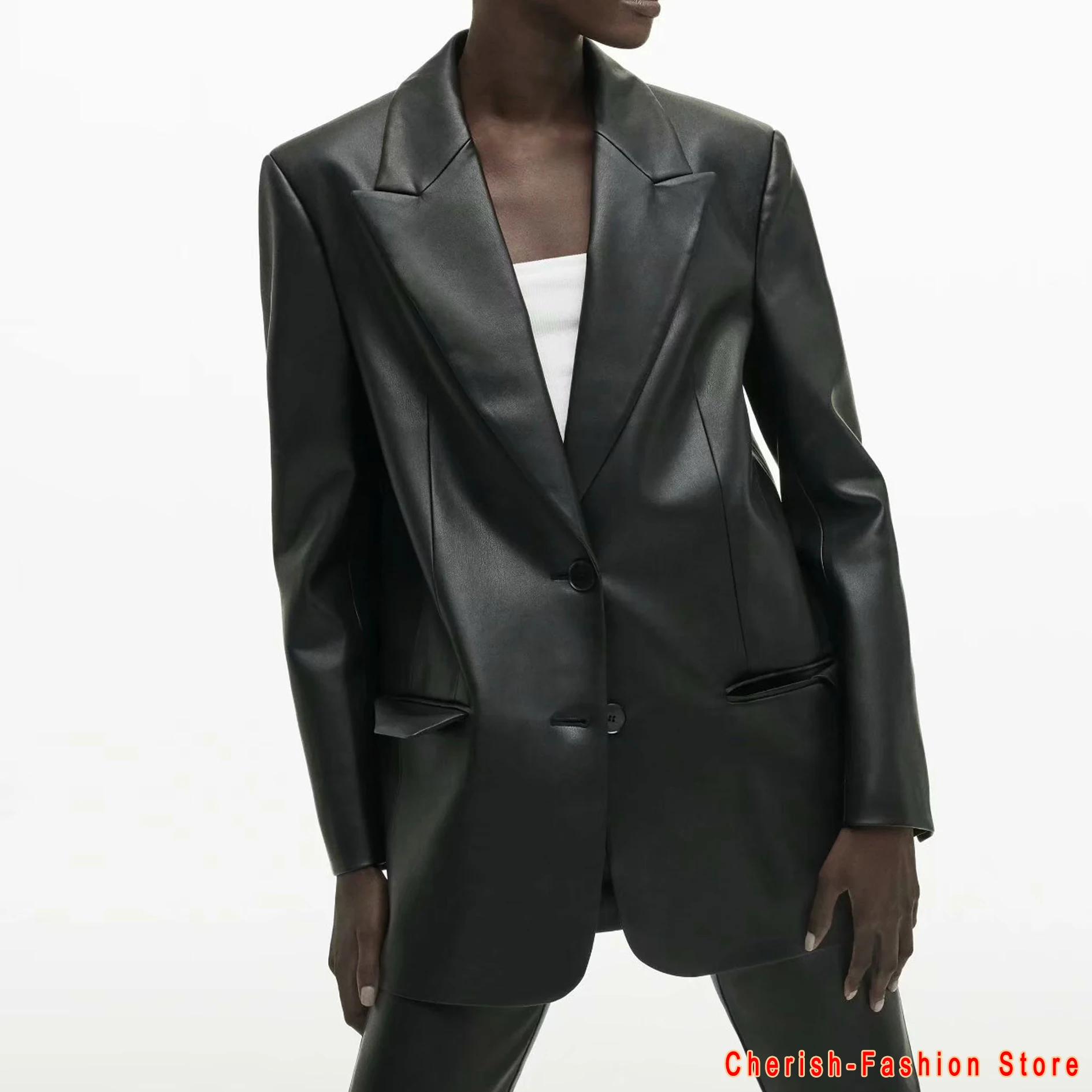 

2021 Long PU Faux Leather Blazers Women Leather Jacket Coat Brand New Women's Jackets Outerwear Ladies Coats Female Leather Suit
