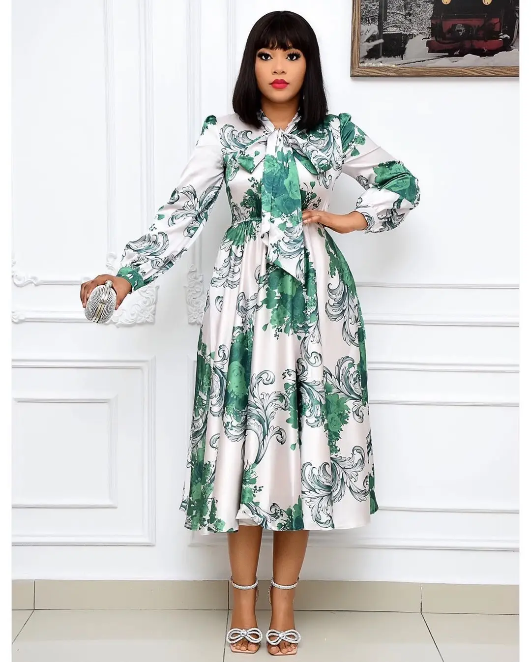 

Women Long Sleeves Printed Dresses with Bowtie Collar Pleated High Waist Midi Elegant Ladies Fashion African New Vestidos Robes