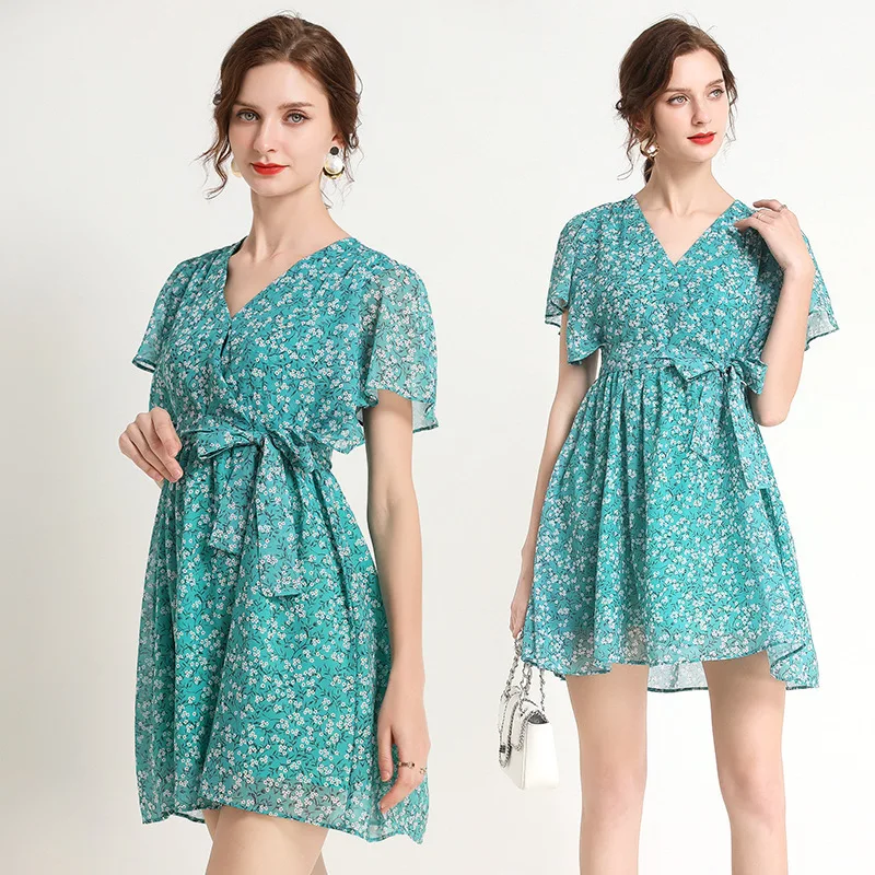 

2020 Summer Ladies Fashion Printed Floral Chiffon Sexy Dress Women Elegant V Neck Short Sleeve Bandage Slim Green Mini Dresses
