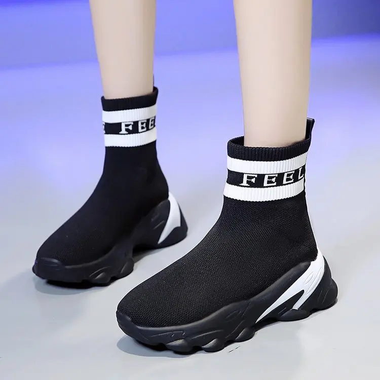 Трикотажные высокие кроссовки на платформе 2019 г. Женская повседневная обувь