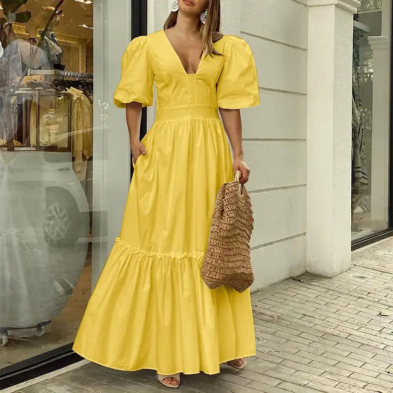 

Women Party Dress 2022 Summer Casual Short Sleeve Sexy Deep V Neck High Waist Pleated Maxi Dresses VONDA Loose Beach Sundress