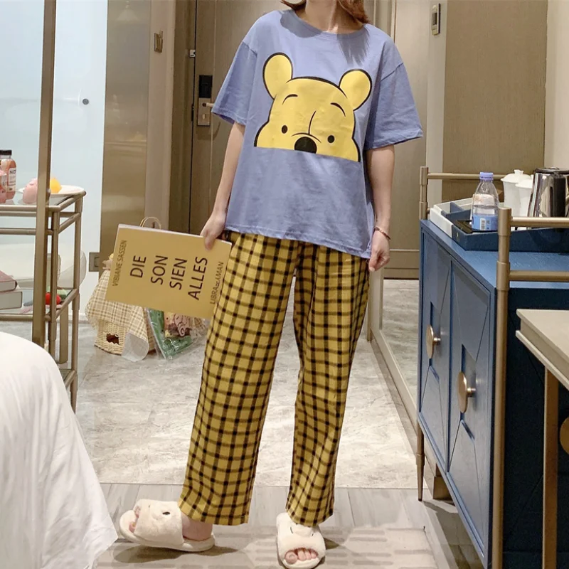 Disney Cartoon Winnie the Pooh Kawaii Pajama Sets Ladies Summer Short Sleeve Tshirt Plaid Pants Sleepwear Women Pizama Damska