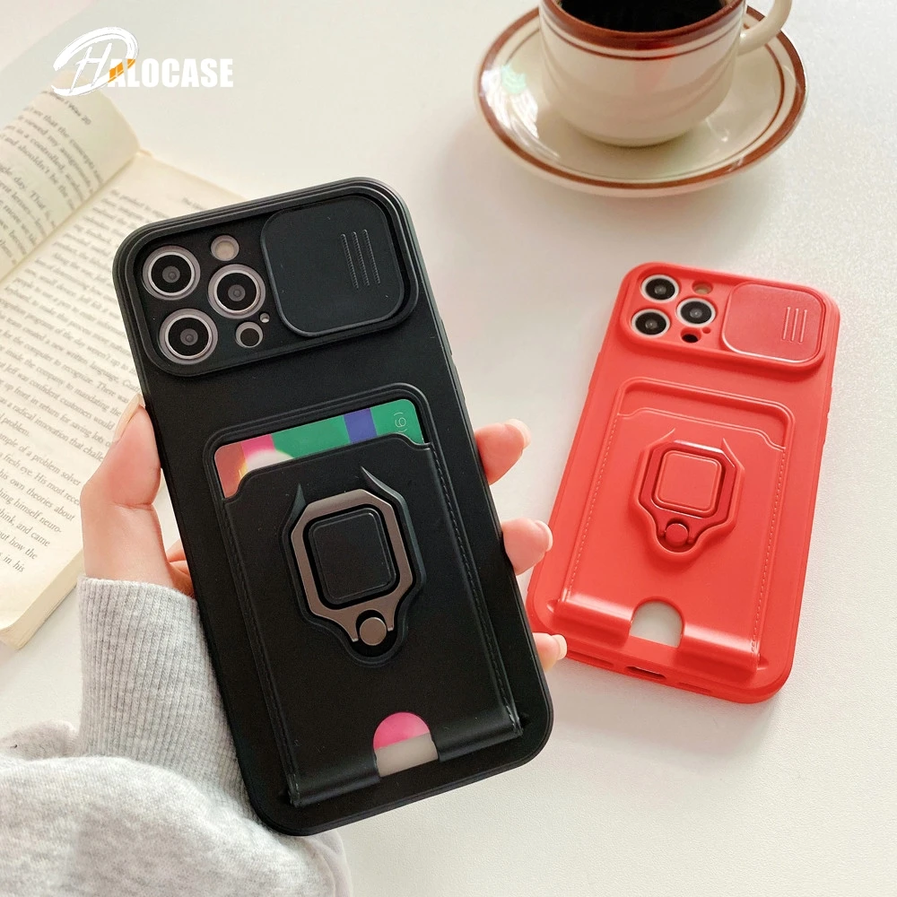 

Card Slot Slide Lens Protection Phone Case For Xiaomi Redmi Note 10 9 9S 8 Pro 9T Mi Poco X3 11 Lite Magnetic Ring Holder Cover