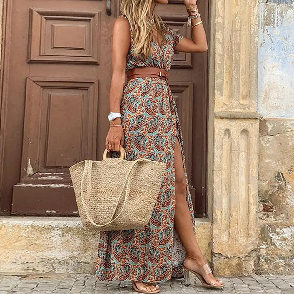 

2021 Summer Beach Maxi Dress Women Floral Print Boho Long Dress Casual V-Neck Split Sexy Party Dress Robe Femme
